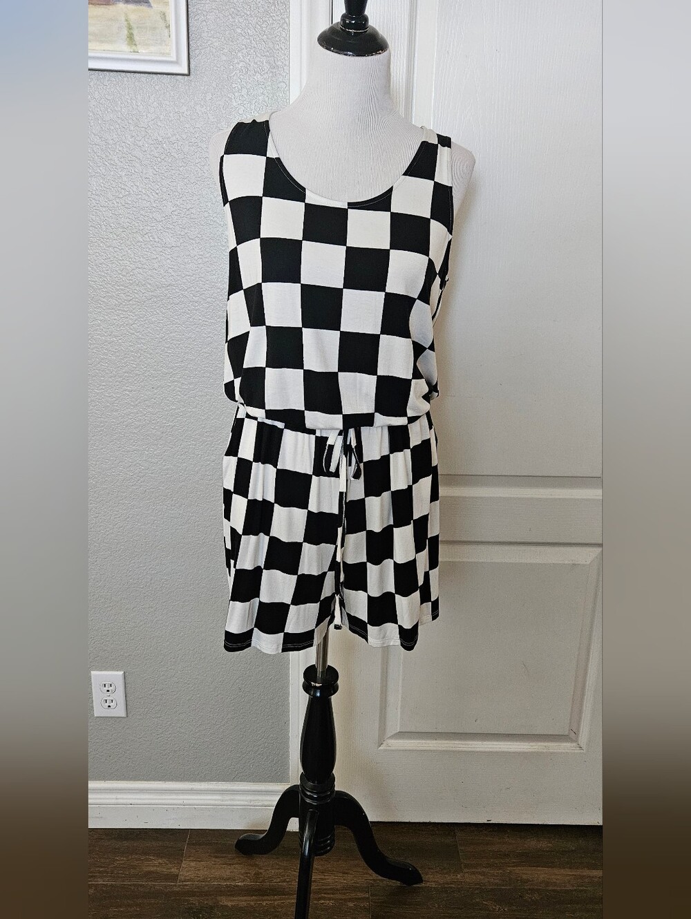 Checkerboard Drawstring Romper - Black/White - Picture 2 of 5
